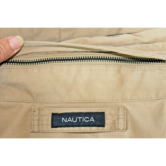 Nautica Tan Bomber Jacket Coat Hidden Hoodie Wool Like Lining Mens Size M - Picture 8 of 9